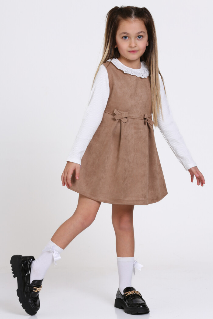 Açık Kahve Süet Badili 2li  3-7 Yaş Elbise - 23371-1