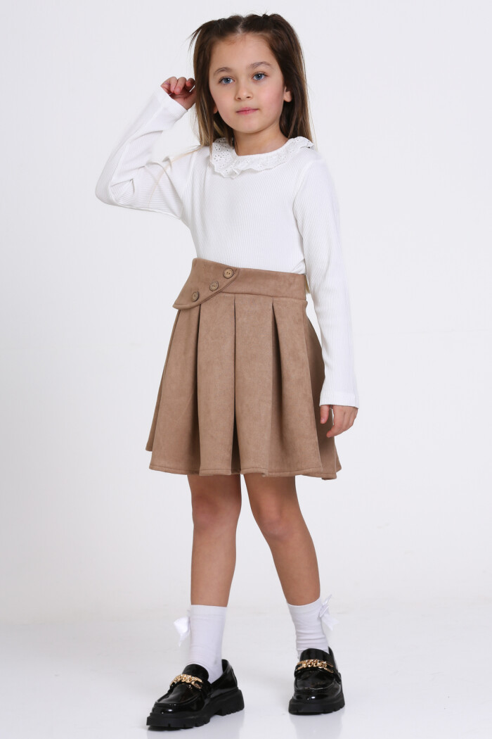 Bej Süet Dantel Yaka Pileli Etekli 3-7 Yaş Takım - 23370-2