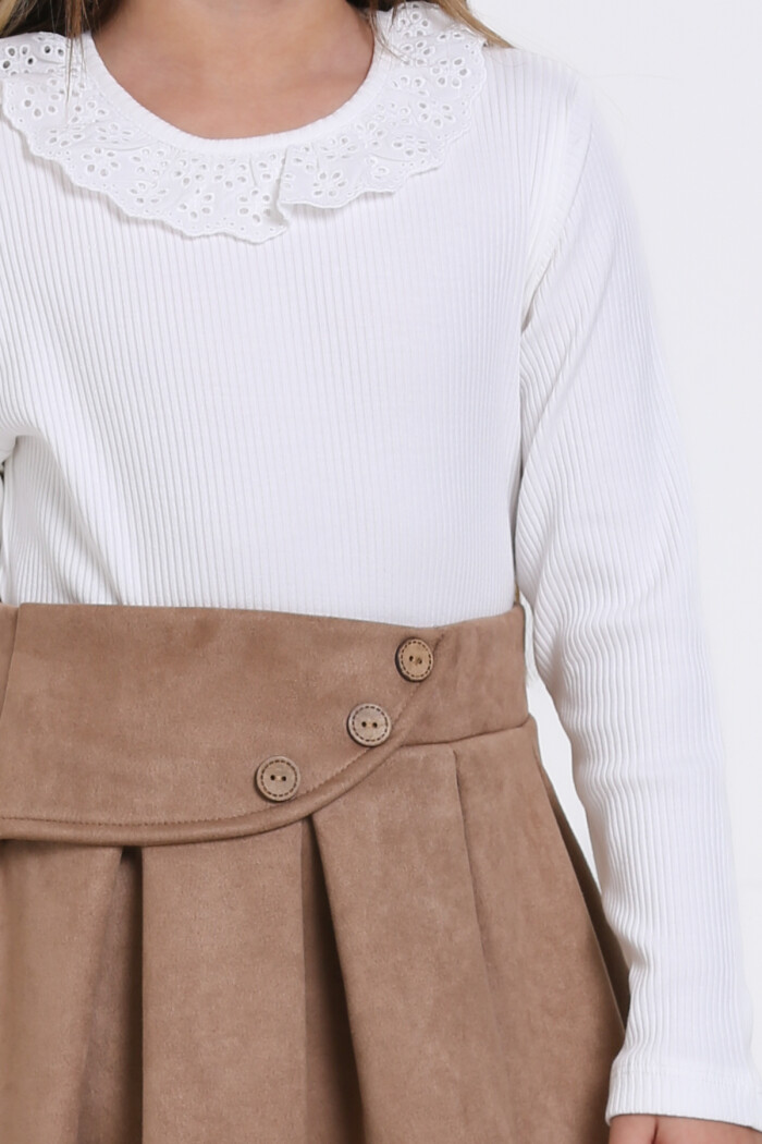 Bej Süet Dantel Yaka Pileli Etekli 3-7 Yaş Takım - 23370-2