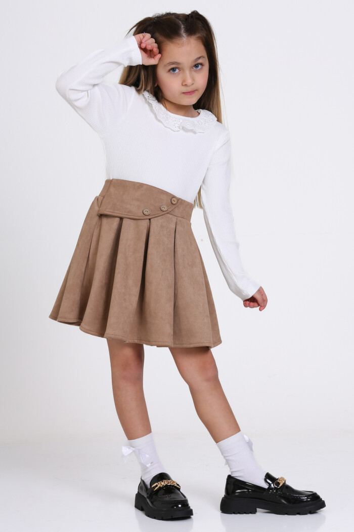 Bej Süet Dantel Yaka Pileli Etekli 3-7 Yaş Takım - 23370-2