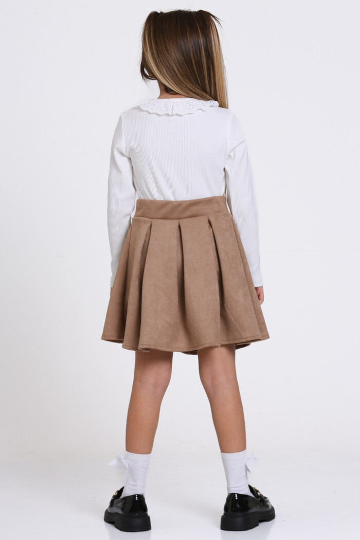 Bej Süet Dantel Yaka Pileli Etekli 3-7 Yaş Takım - 23370-2