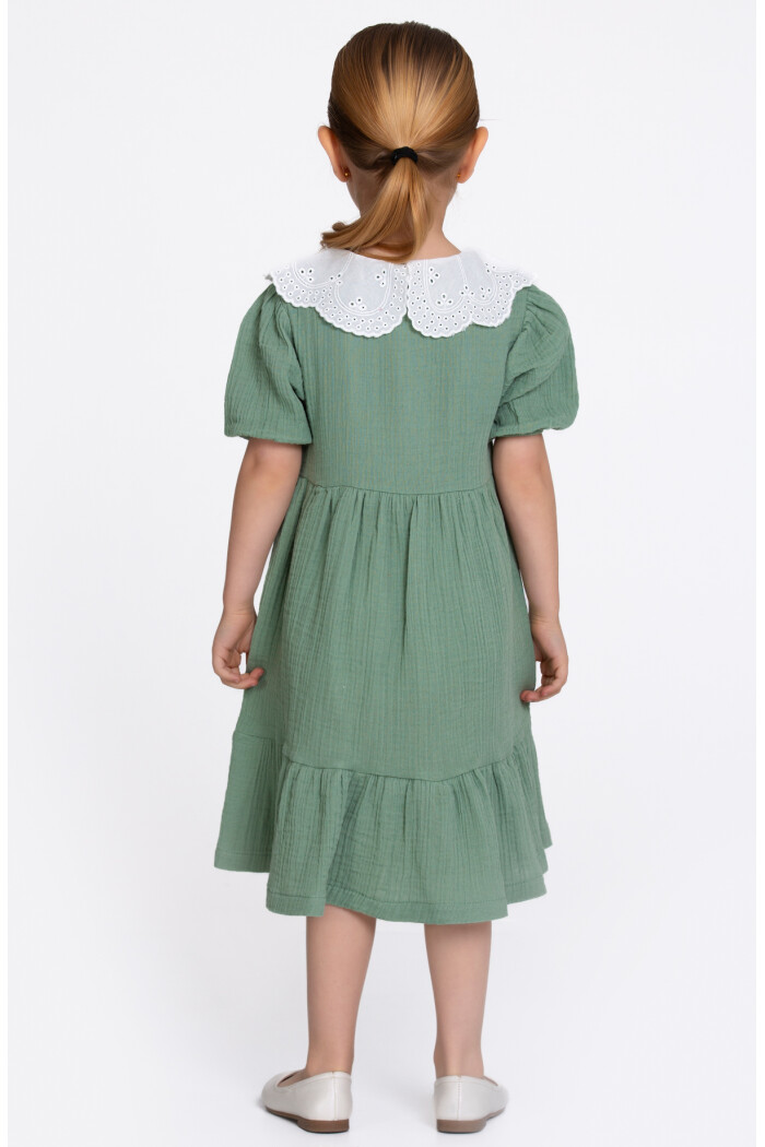 Çağla Yeşili Müslin Kumaş Dantel Yaka 1-5 Yaş Elbise 2472-2