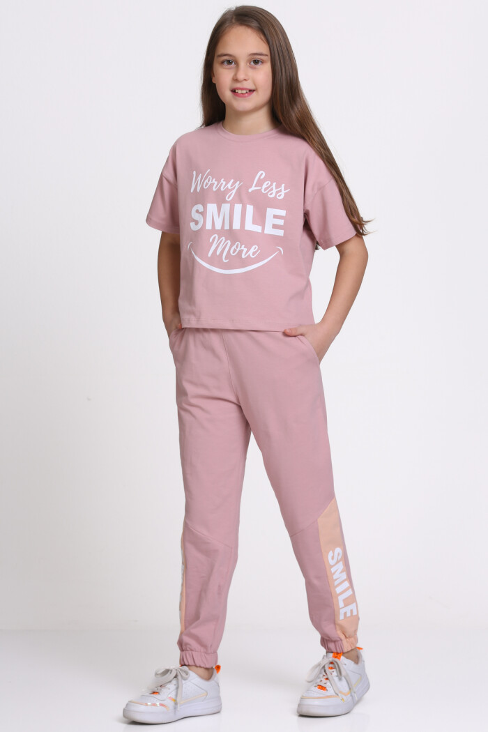 Gül Kurusu Wory Less Smile More Baskılı 5-9 Yaş Takım - 2442-1