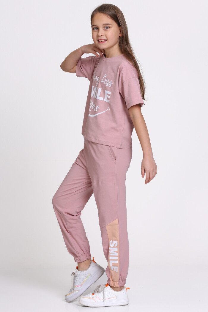 Gül Kurusu Wory Less Smile More Baskılı 5-9 Yaş Takım - 2442-1