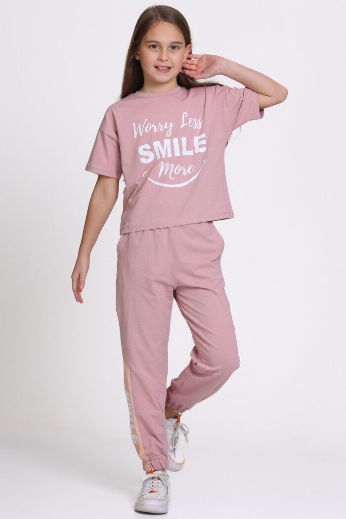 Gül Kurusu Wory Less Smile More Baskılı 5-9 Yaş Takım - 2442-1