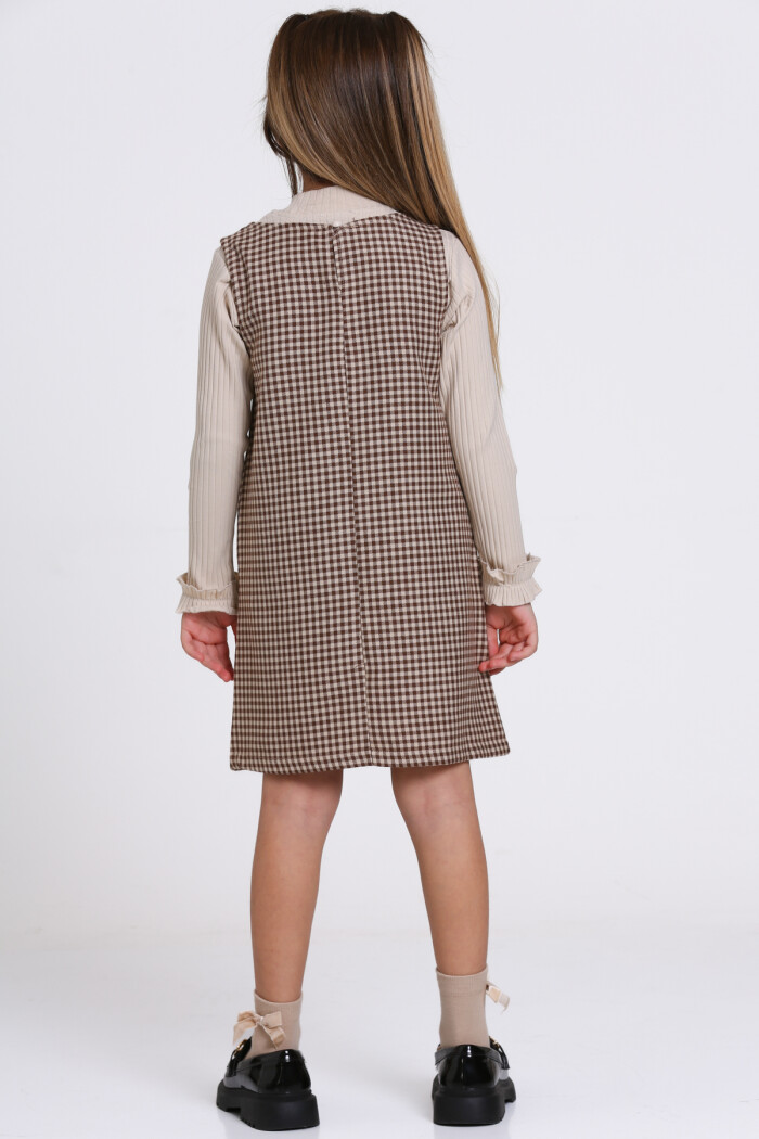 Kahve Ekose Badili 5-9 Yaş Elbise 23362-1