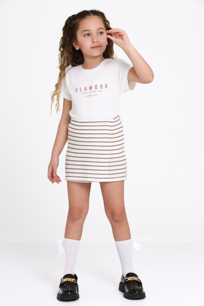 Kahve Glamour Baskı Şort Etekli 3-7 Yaş Takım 2504-2