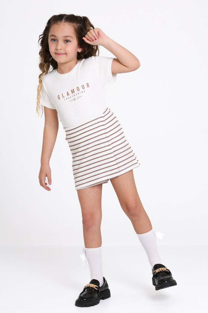 Kahve Glamour Baskı Şort Etekli 3-7 Yaş Takım 2504-2