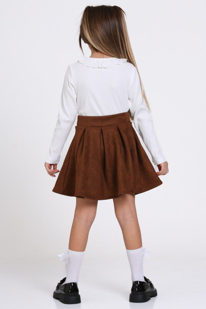 Kahve Süet Dantel Yaka Pileli Etekli 3-7 Yaş Takım - 23370-3