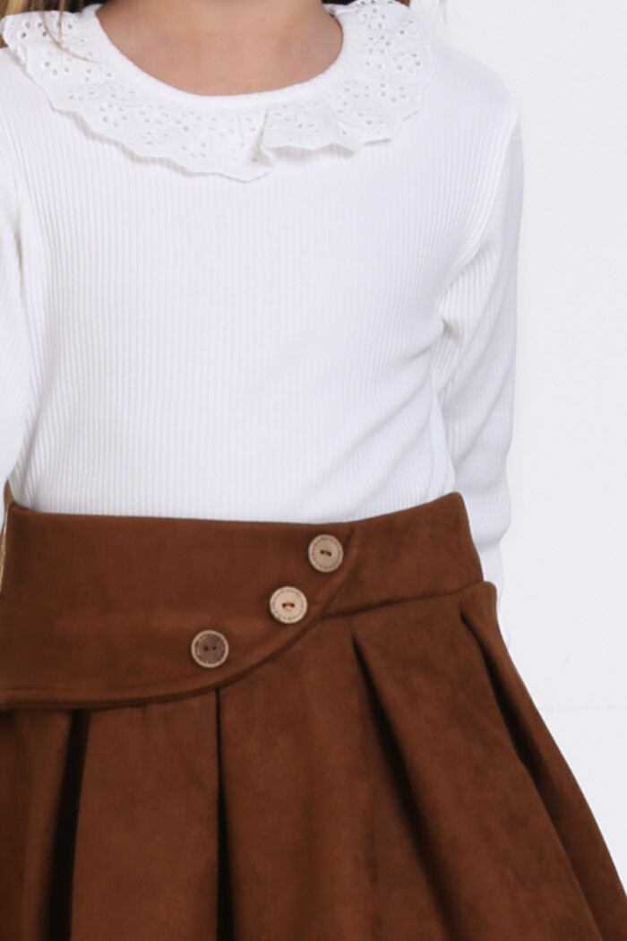 Kahve Süet Dantel Yaka Pileli Etekli 3-7 Yaş Takım - 23370-3