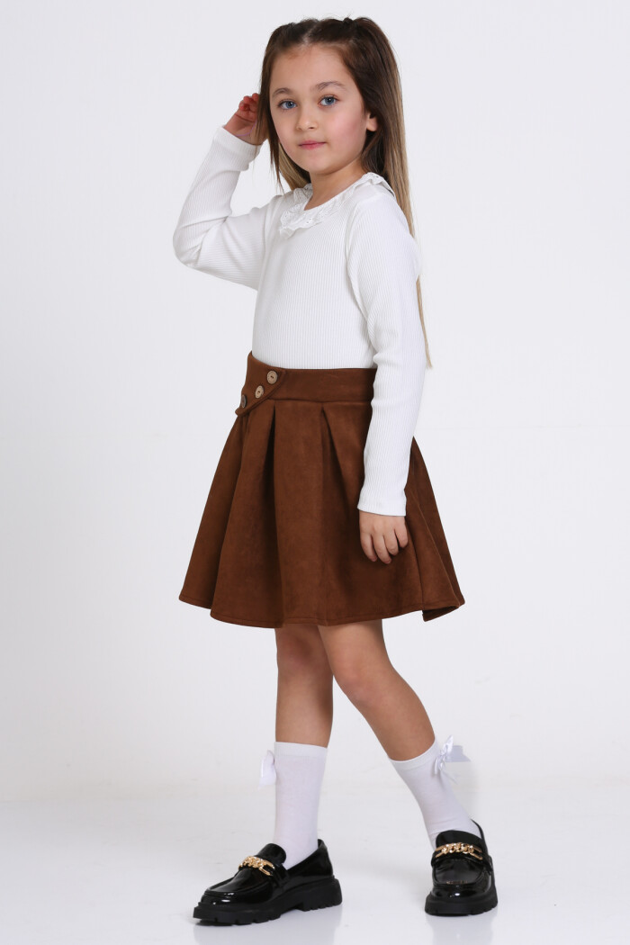 Kahve Süet Dantel Yaka Pileli Etekli 3-7 Yaş Takım - 23370-3