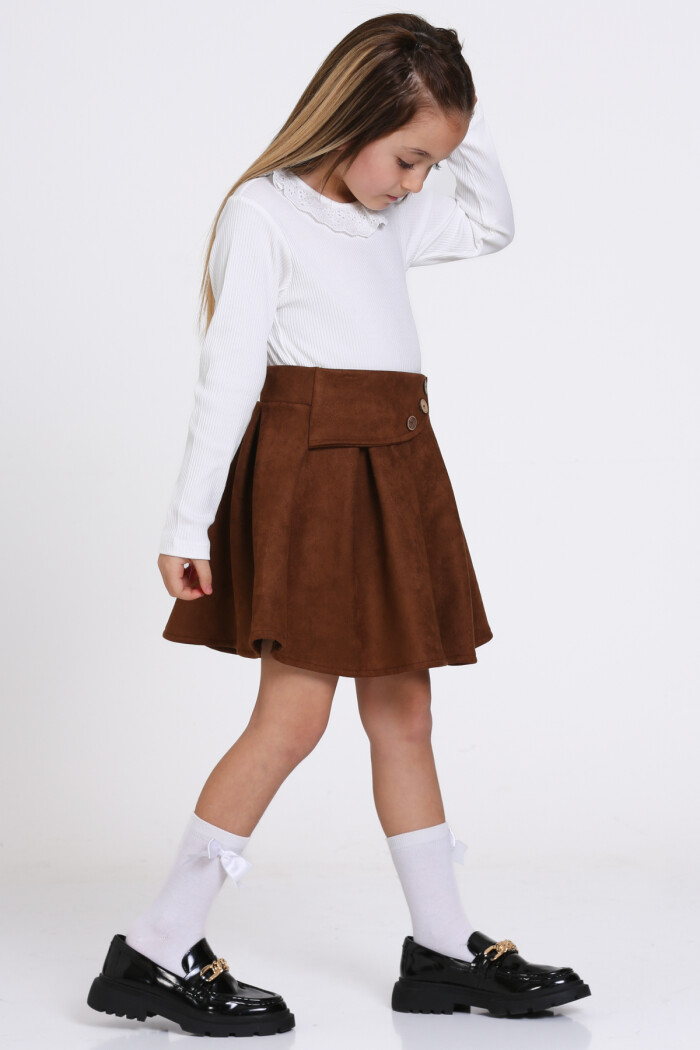 Kahve Süet Dantel Yaka Pileli Etekli 3-7 Yaş Takım - 23370-3