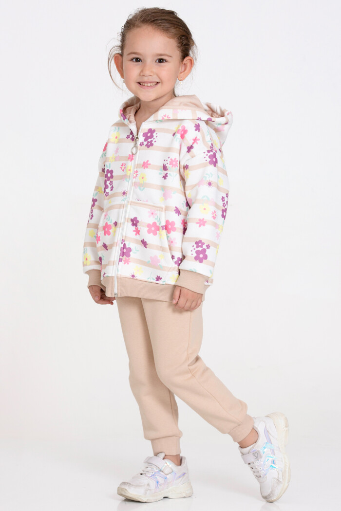 Kız Çocuk Bej Çiçek Desenli 1-5 Yaş Takım - 23246-1