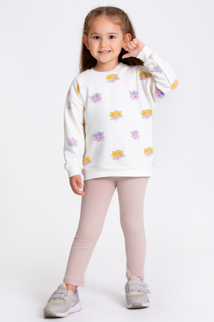 Kız Çocuk Bej Çiçek Desenli 1-5 Yaş Takım - 23290-1