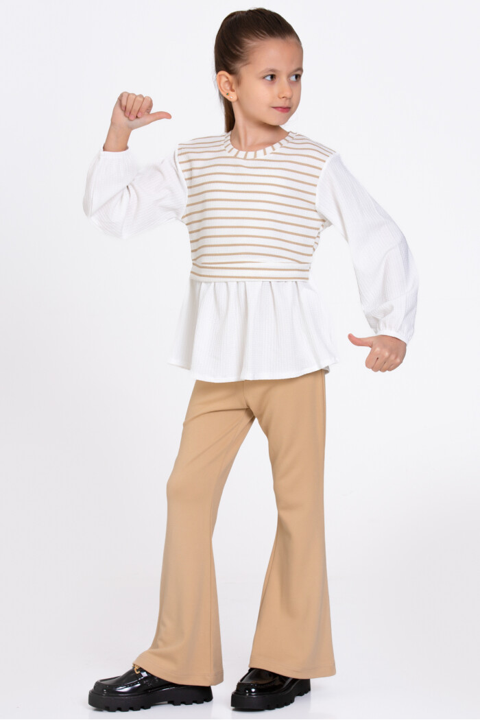Kız Çocuk Bej Çizgili 5-9 Yaş Takım - 23361-2