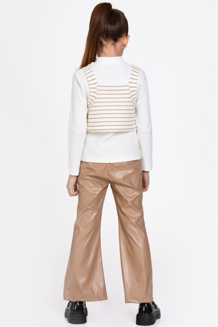 Kız Çocuk Bej Çizgili Deri Pantolonlu 3lü 5-9 Yaş Takım - 23359-2