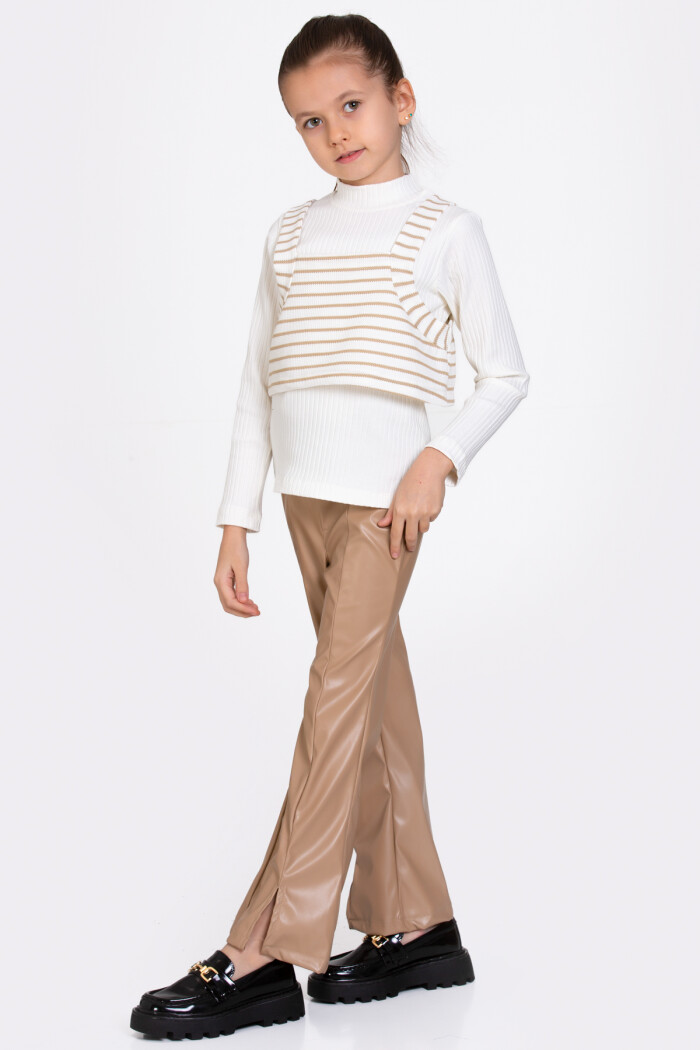 Kız Çocuk Bej Çizgili Deri Pantolonlu 3lü 5-9 Yaş Takım - 23359-2