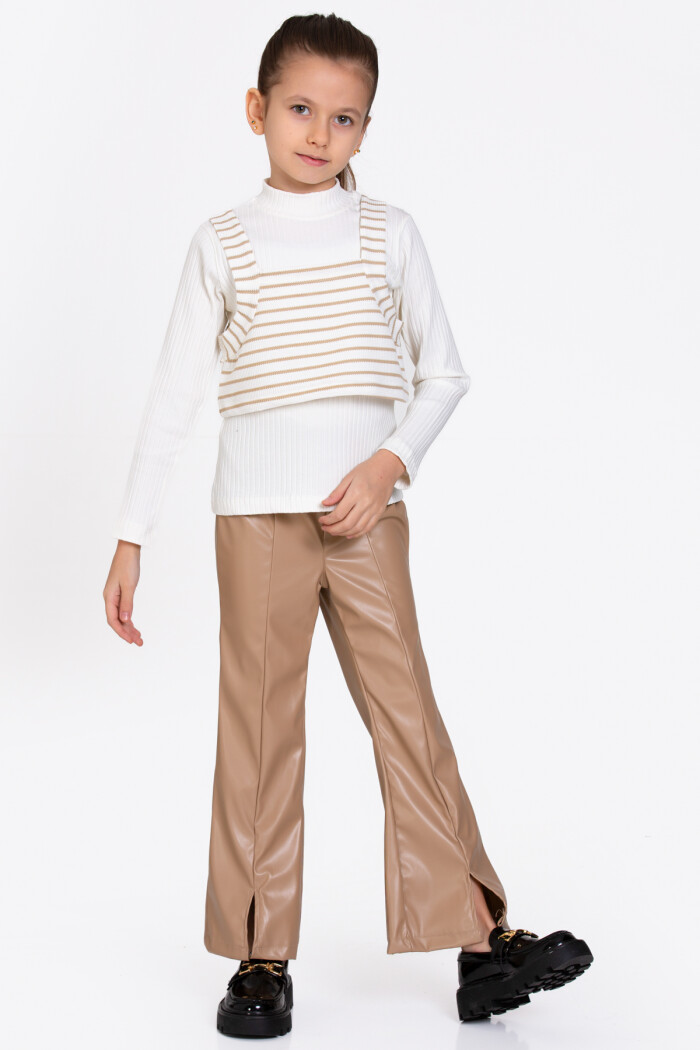 Kız Çocuk Bej Çizgili Deri Pantolonlu 3lü 5-9 Yaş Takım - 23359-2