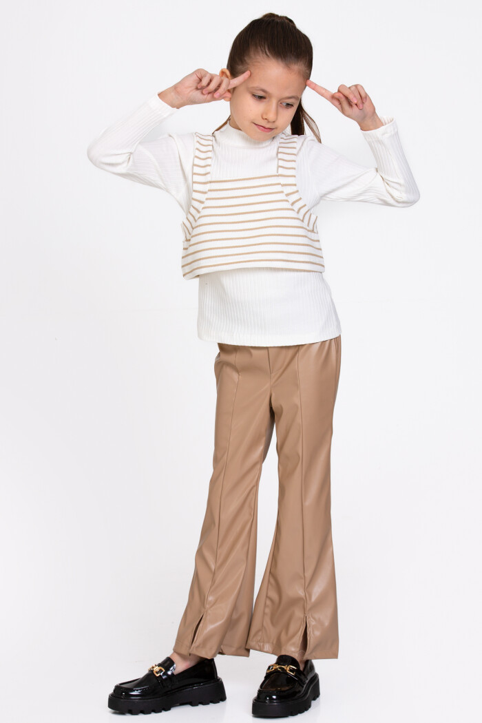 Kız Çocuk Bej Çizgili Deri Pantolonlu 3lü 5-9 Yaş Takım - 23359-2