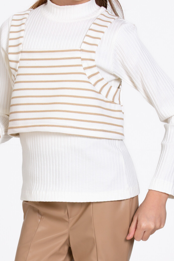 Kız Çocuk Bej Çizgili Deri Pantolonlu 3lü 5-9 Yaş Takım - 23359-2