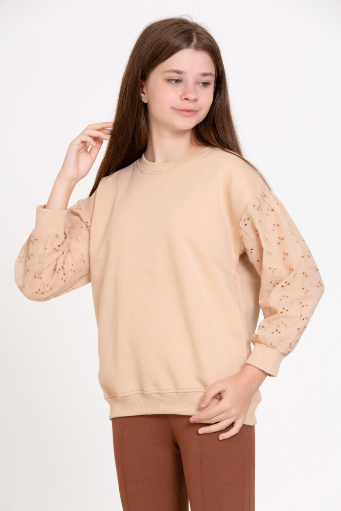 Kız Çocuk Bej Dantel Kollu 4-12 Yaş Sweatshirt - 23176-3