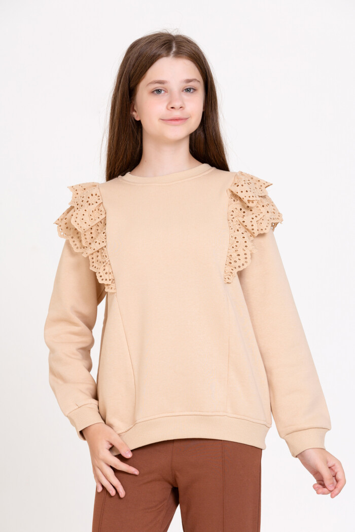 Kız Çocuk Bej Dantelli 4-12 Yaş Sweatshirt - 23178-2