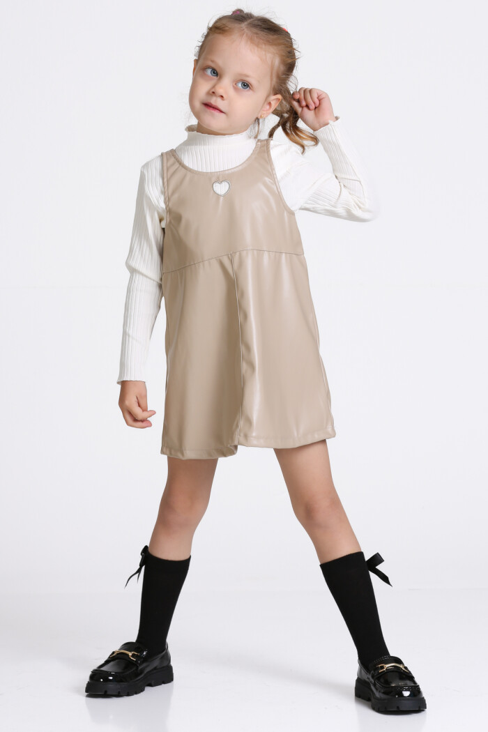 Kız Çocuk Bej Deri Elbiseli 3-7 Yaş Takım - 23313-3