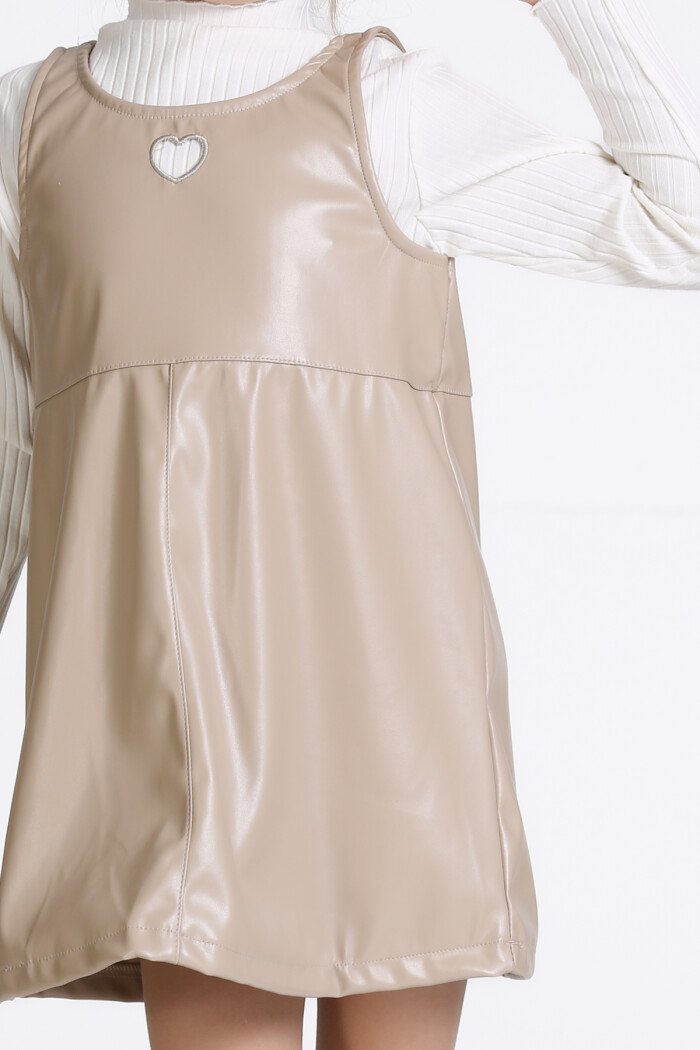 Kız Çocuk Bej Deri Elbiseli 3-7 Yaş Takım - 23313-3