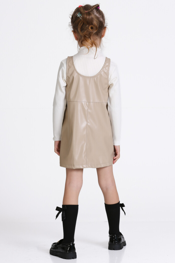 Kız Çocuk Bej Deri Elbiseli 3-7 Yaş Takım - 23313-3