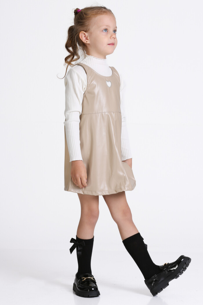 Kız Çocuk Bej Deri Elbiseli 3-7 Yaş Takım - 23313-3