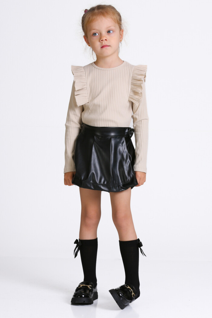 Kız Çocuk Bej Deri Şort Etekli 3-7 Yaş Takım - 23309-2