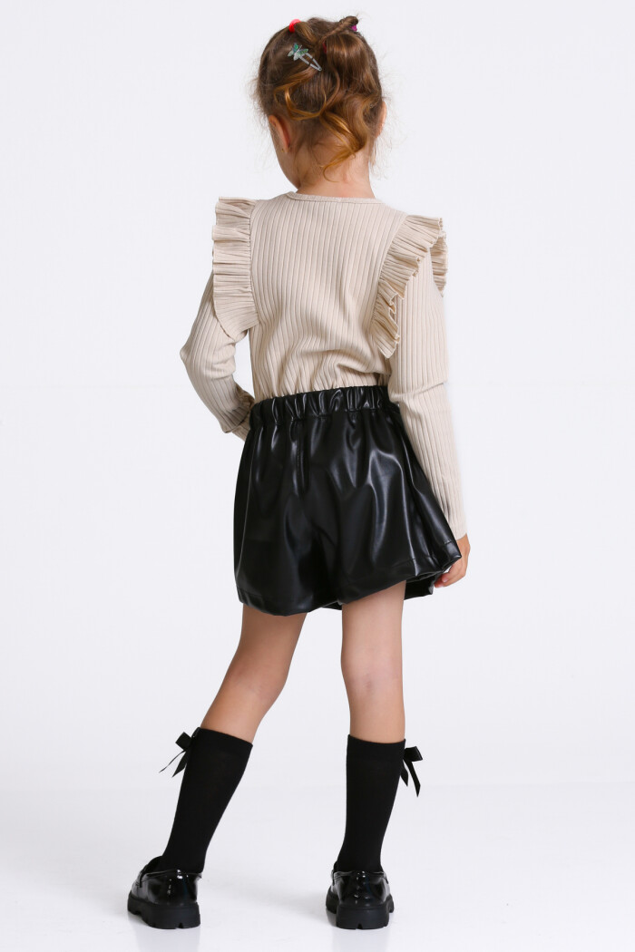 Kız Çocuk Bej Deri Şort Etekli 3-7 Yaş Takım - 23309-2