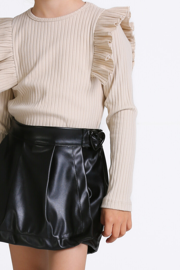 Kız Çocuk Bej Deri Şort Etekli 3-7 Yaş Takım - 23309-2