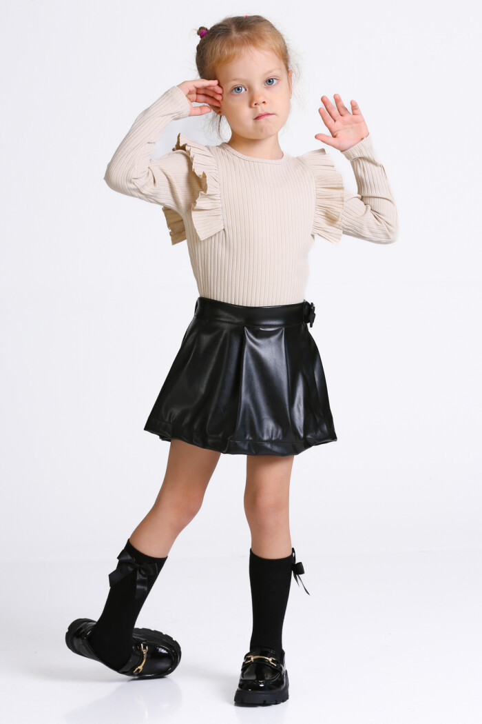 Kız Çocuk Bej Deri Şort Etekli 3-7 Yaş Takım - 23309-2