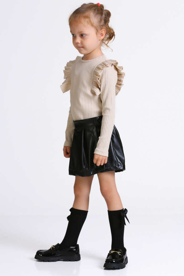 Kız Çocuk Bej Deri Şort Etekli 3-7 Yaş Takım - 23309-2