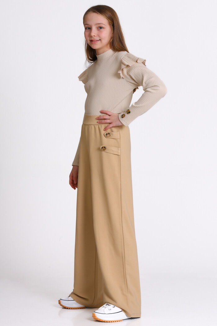 Kız Çocuk Bej Düğmeli 8-12 Yaş Takım - 23318-4