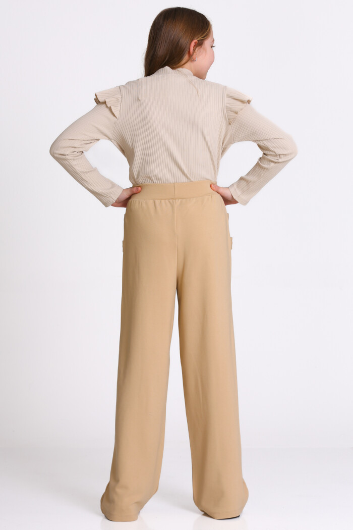 Kız Çocuk Bej Düğmeli 8-12 Yaş Takım - 23318-4