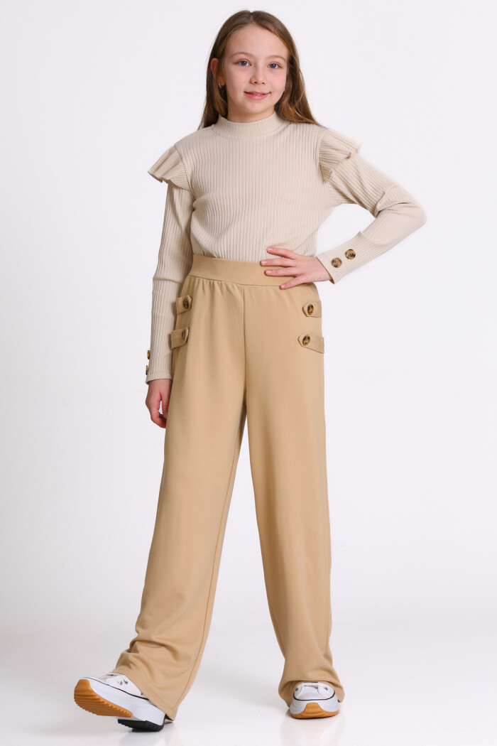 Kız Çocuk Bej Düğmeli 8-12 Yaş Takım - 23318-4