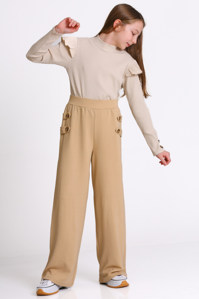 Kız Çocuk Bej Düğmeli 8-12 Yaş Takım - 23318-4