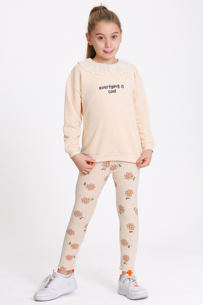 Kız Çocuk Bej Everything Is Cool Baskı 3-7 Yaş Takım - 23282-3
