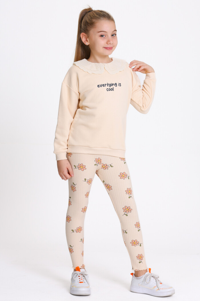 Kız Çocuk Bej Everything Is Cool Baskı 3-7 Yaş Takım - 23282-3