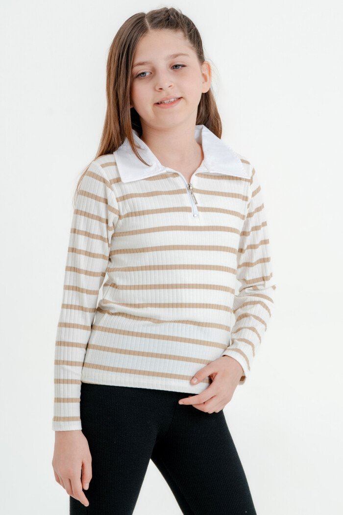 Kız Çocuk Bej Fermuarlı 4-12 Yaş Sweatshirt - 23325-2