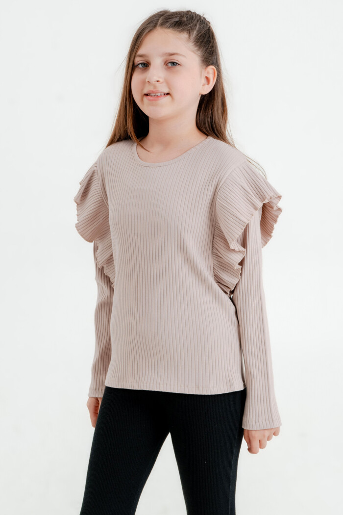 Kız Çocuk Bej Fırfırlı 4-12 Yaş Sweatshirt - 23329-5