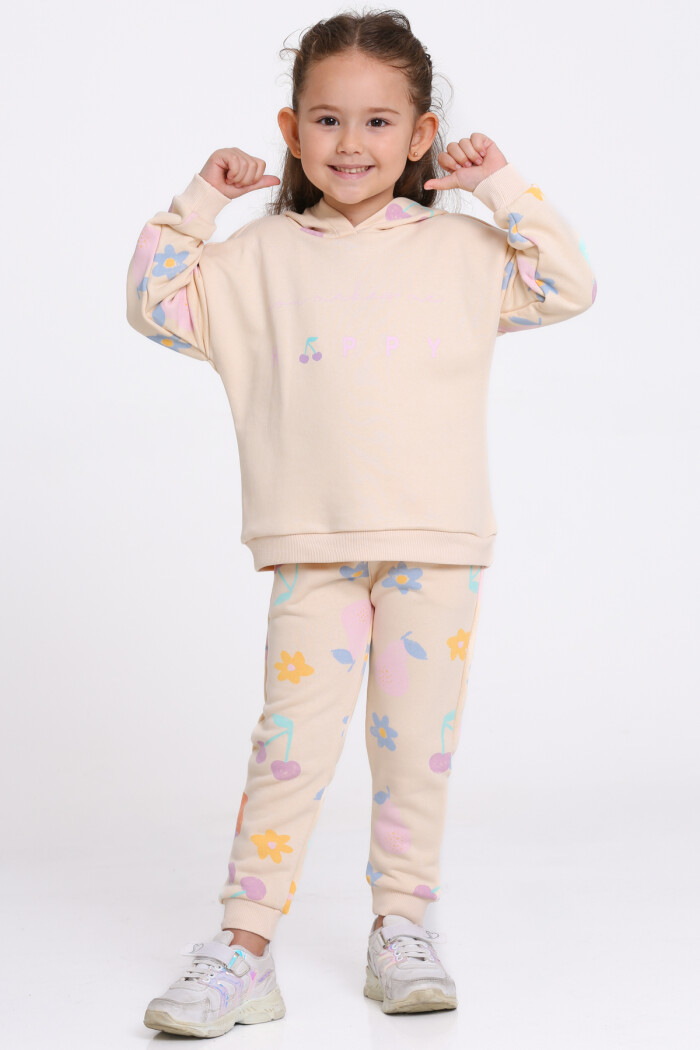 Kız Çocuk Bej Happy Baskı 1-5 Yaş Takım - 23277-3