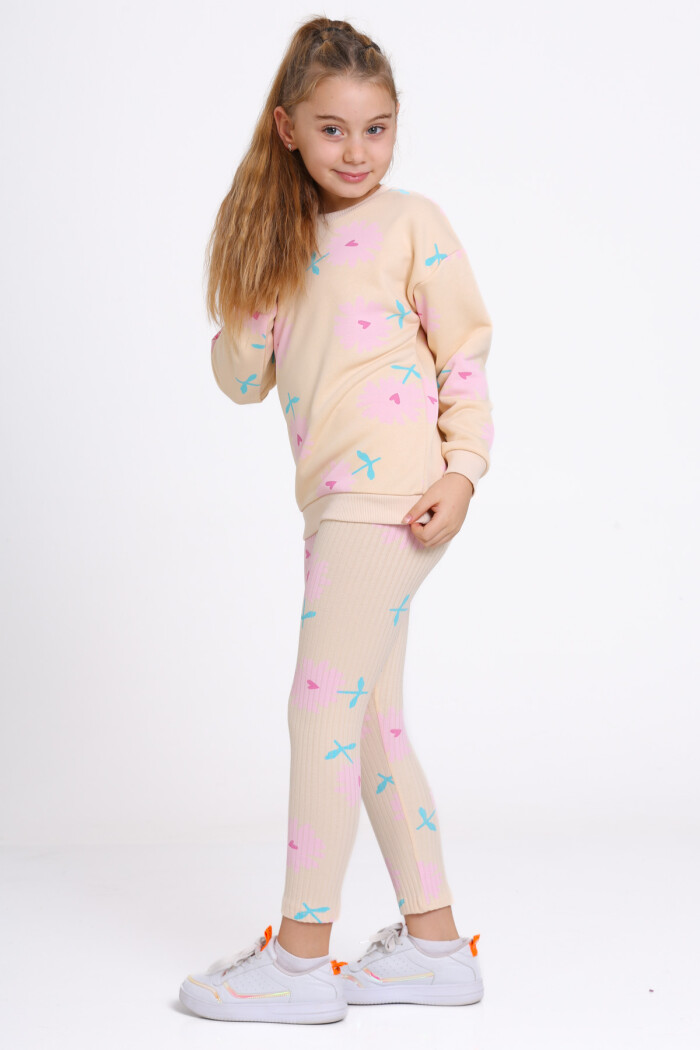 Kız Çocuk Bej Kalpli Papatya Desenli 3-7 Yaş Takım - 23275-4