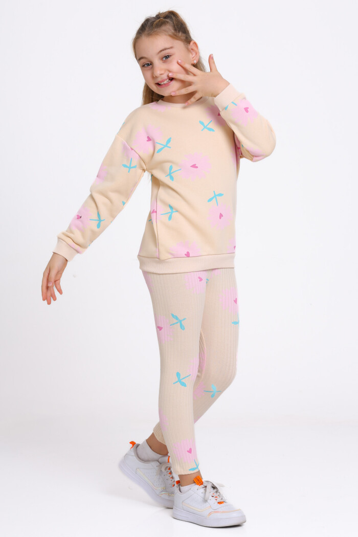 Kız Çocuk Bej Kalpli Papatya Desenli 3-7 Yaş Takım - 23275-4