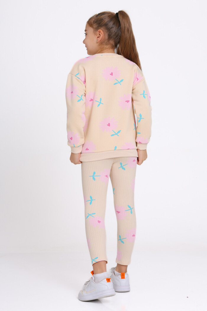 Kız Çocuk Bej Kalpli Papatya Desenli 3-7 Yaş Takım - 23275-4