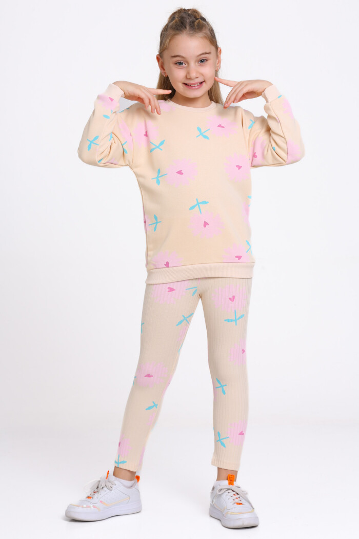 Kız Çocuk Bej Kalpli Papatya Desenli 3-7 Yaş Takım - 23275-4