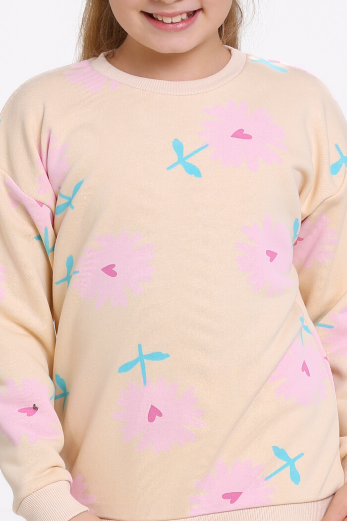 Kız Çocuk Bej Kalpli Papatya Desenli 3-7 Yaş Takım - 23275-4