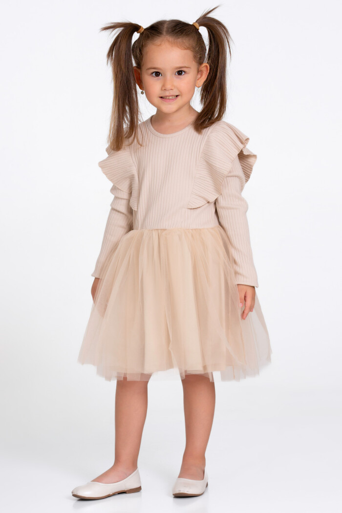 Kız Çocuk Bej Tüllü 3-7 Yaş Elbise - 23167-2